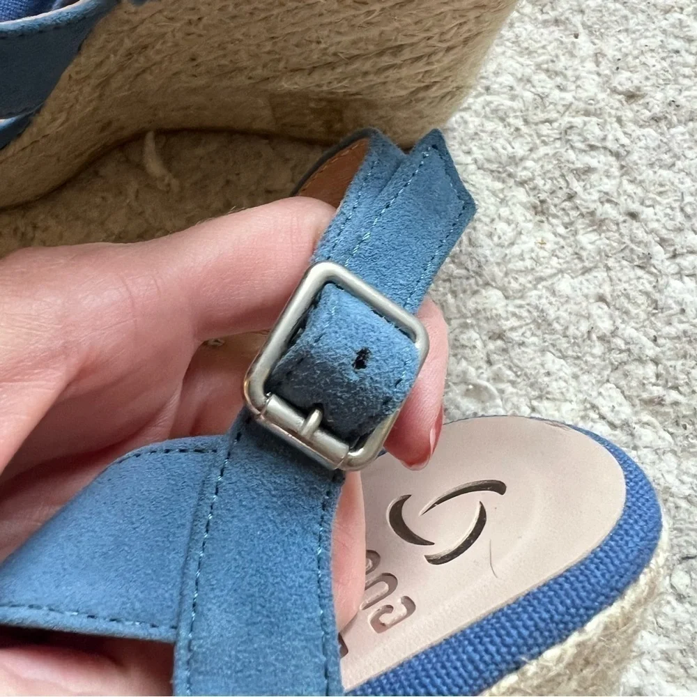 Kanna: Sky Blue Suede Espadrille Ankle Buckle Wedges NWOT Size 39